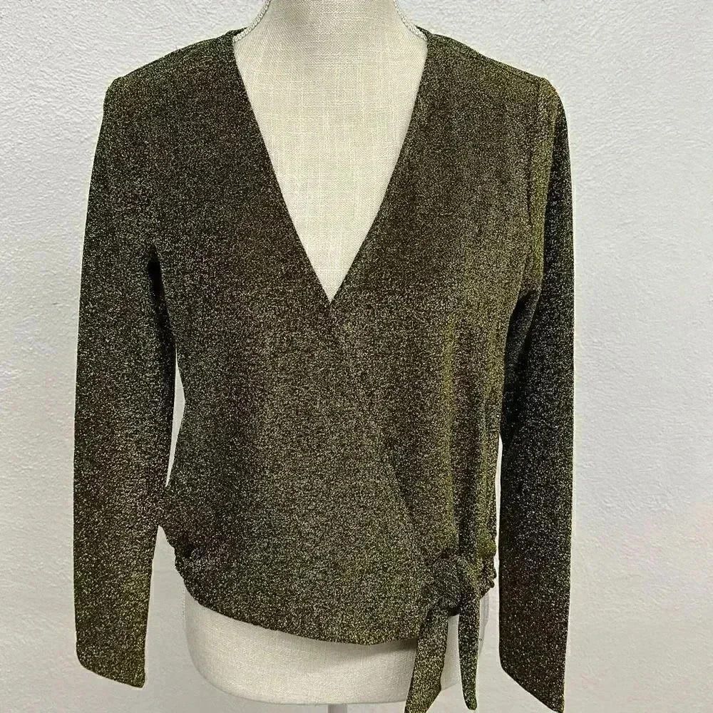 NWT Michael Kors Faux Tie Wrap Black/Gold Blouse